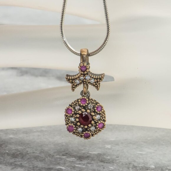 Vintage Womens Ruby & White Sapphire Pendant 14kt & 925 Sterling Silver